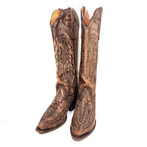 DAN POST 15" Tall Embroidery Western Cowgirl Snip Toe Leather Boots Womens 8
